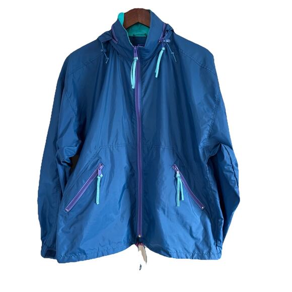 Vintage Eastern Mountain Sports Nylon Blue Rain Jacket Windbreaker Size Large - Picture 2 of 16